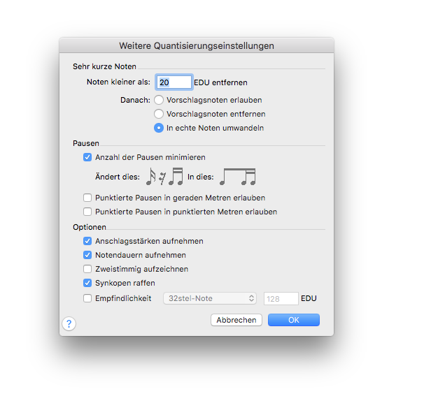 Dialogbox Weitere Quantisierungseinstellungen